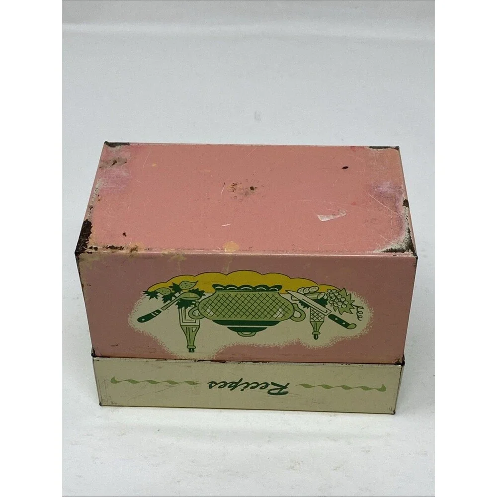 Vintage The Ohio Art Co Metal MCM Recipe Box Pink Green Yellow USA